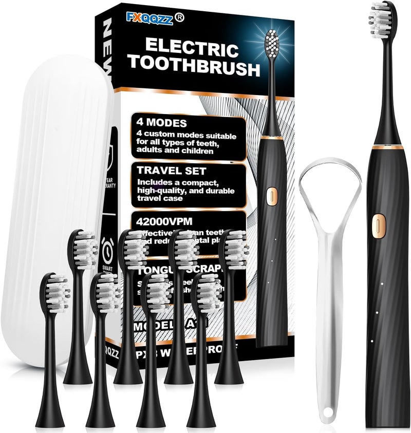 FXQQZZ Electric Toothbrush for Adults and Kids, with Tongue Scraper and Travel Case, 8 Brush Head, Smart Timer & 4 Modes Rechargeable Toothbrush, 42000 VPM Deep Clean, One Charge Last 90 Days - Black - Image 1